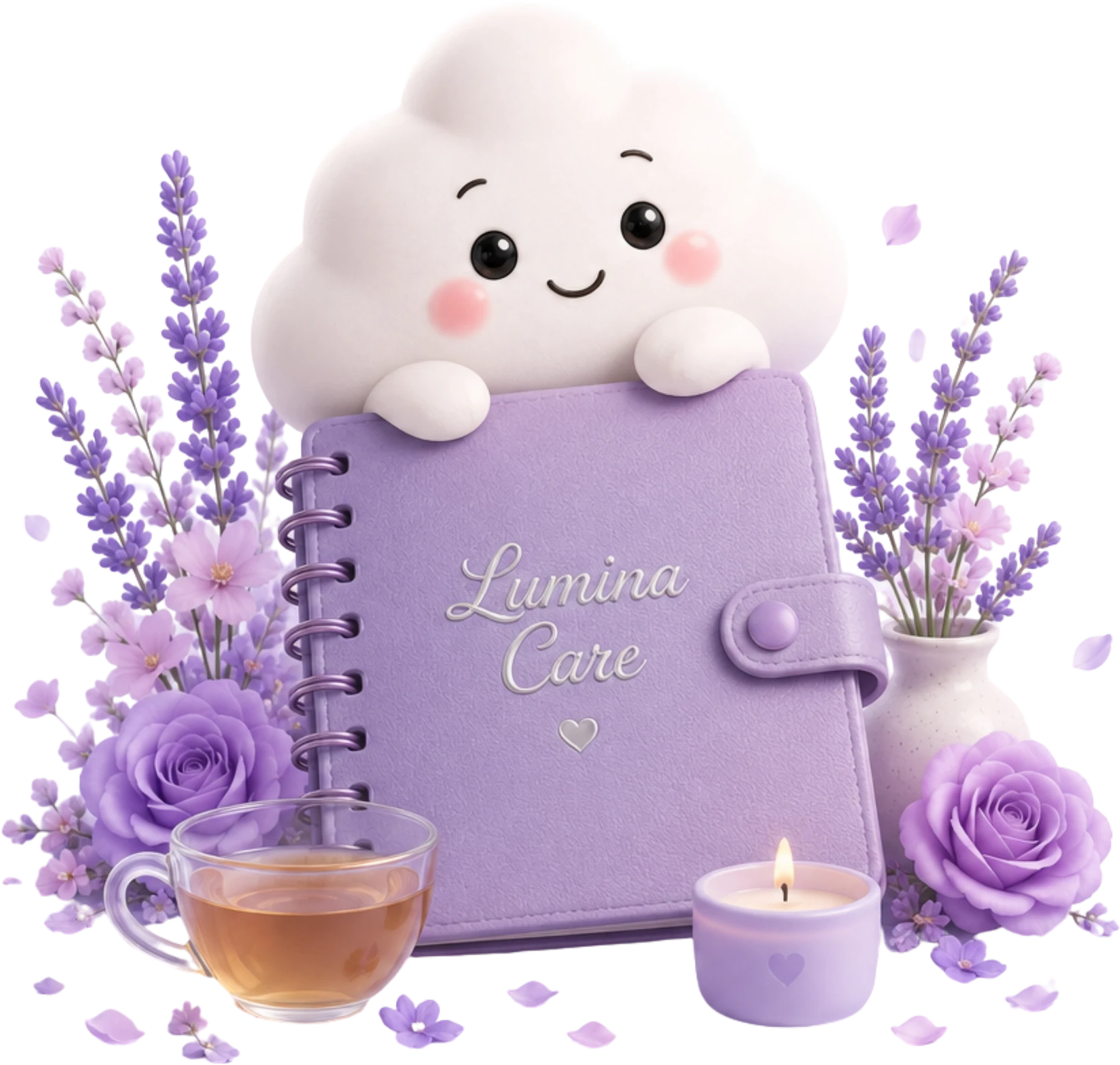 Lumi peeking over a Lumina Care Therapy journal, surrounded by lavender, roses and candlelight