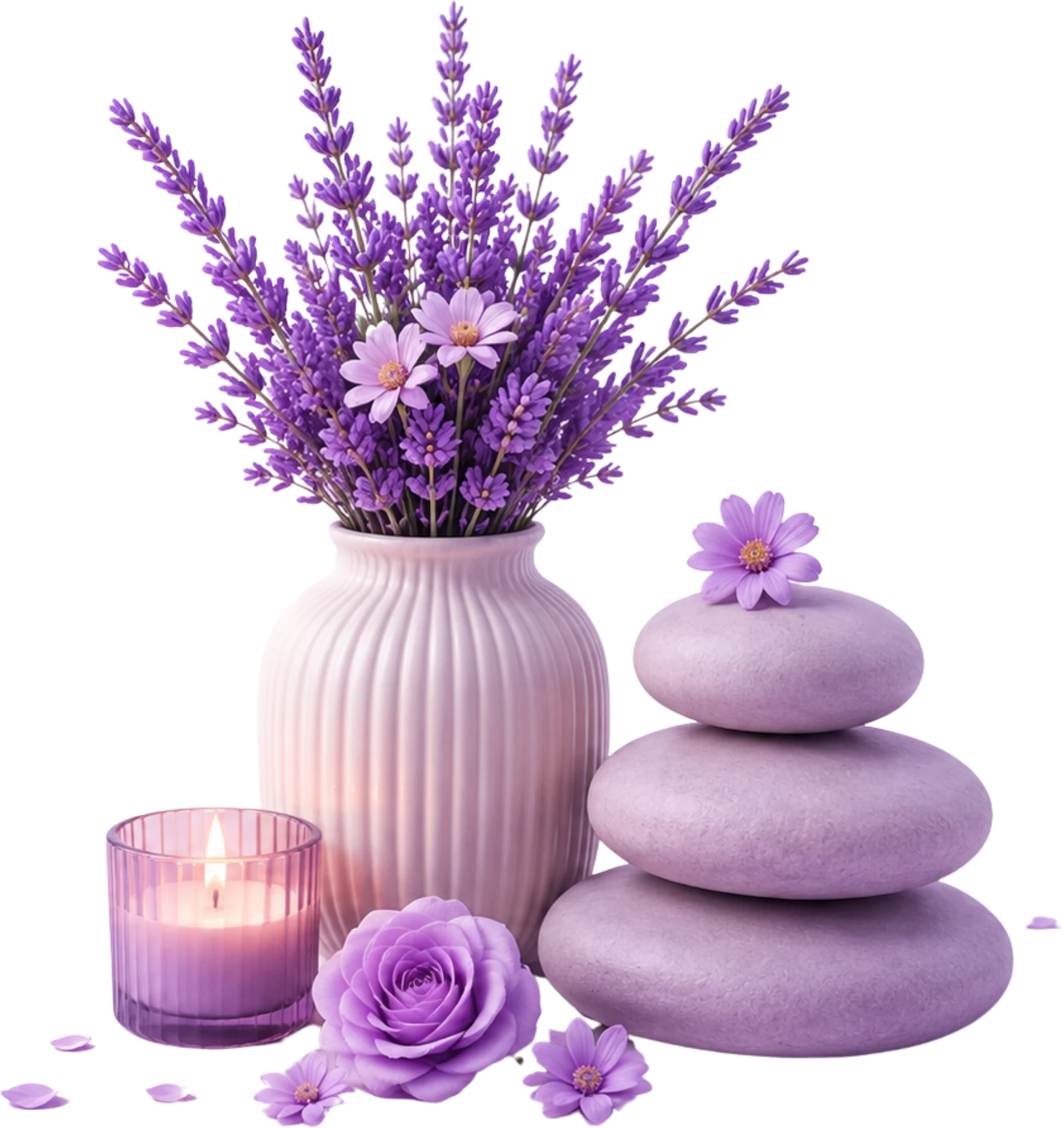 A vase of lavender and roses beside a candle and a stack of balanced spa stones