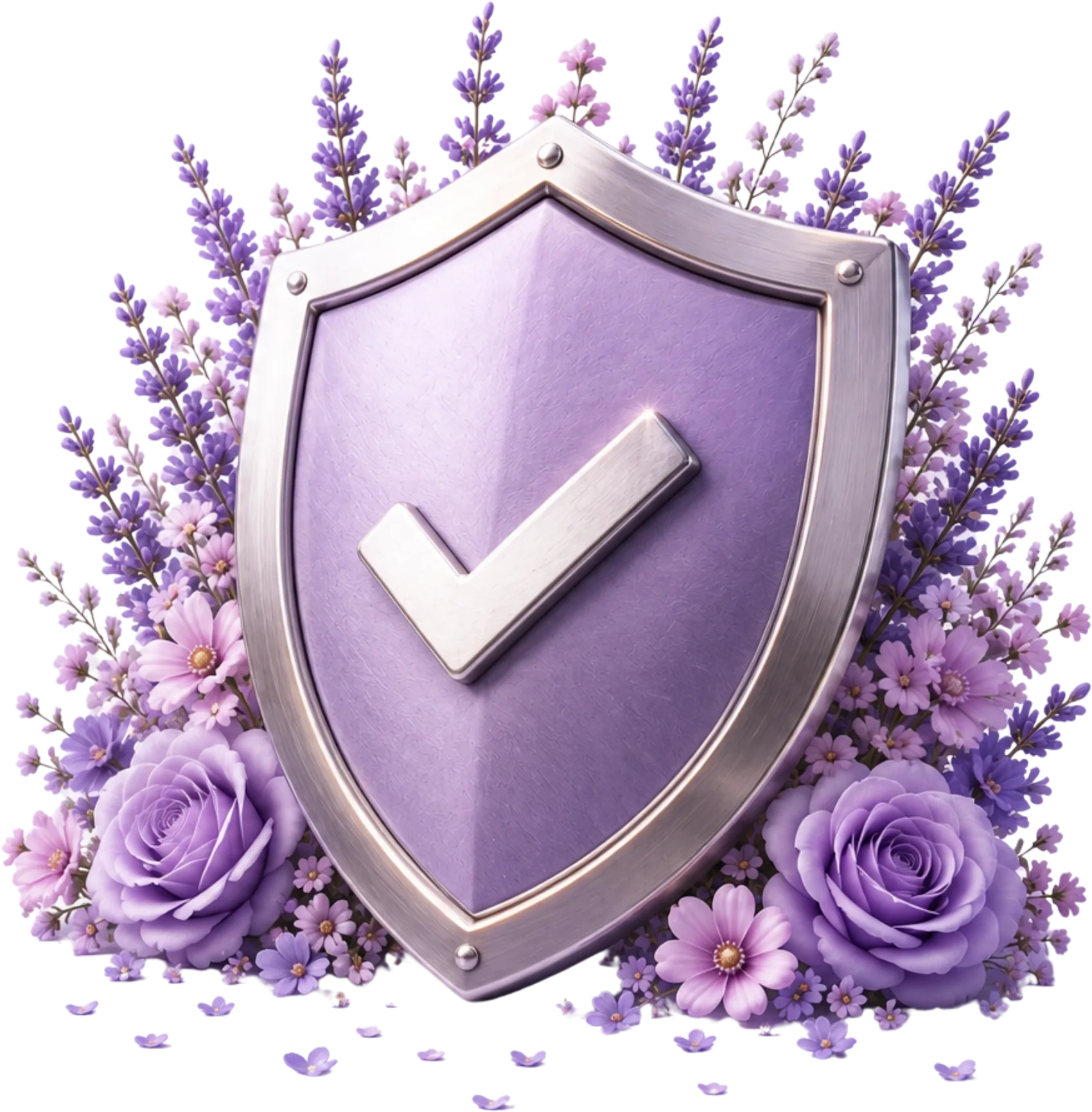 A large silver and purple shield surrounded by lavender and roses