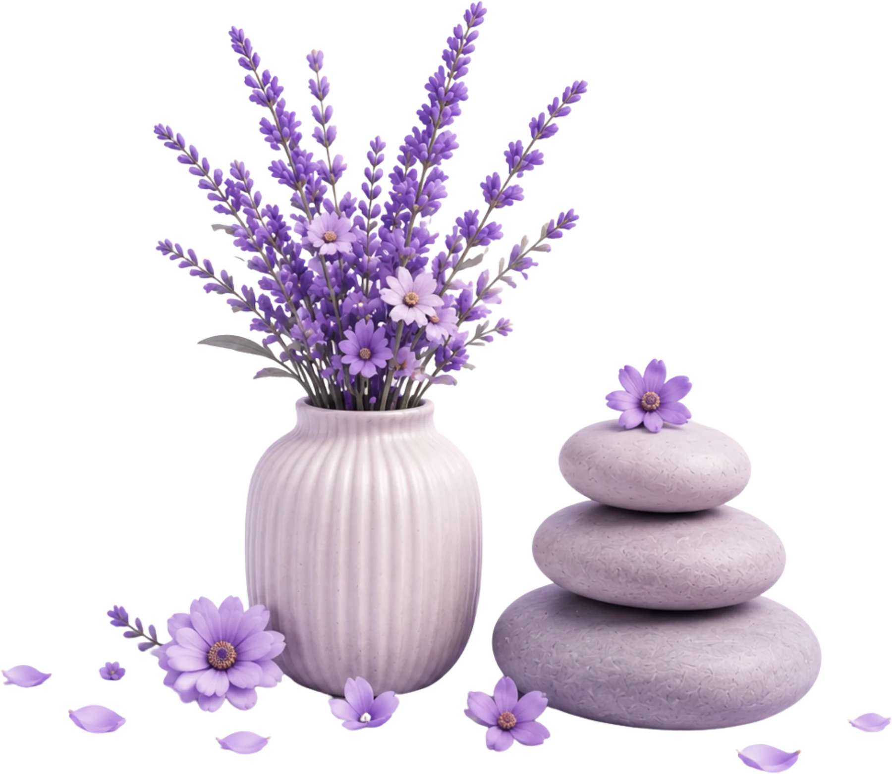 A cloud character holding a purple heart, surrounded by lavender and roses