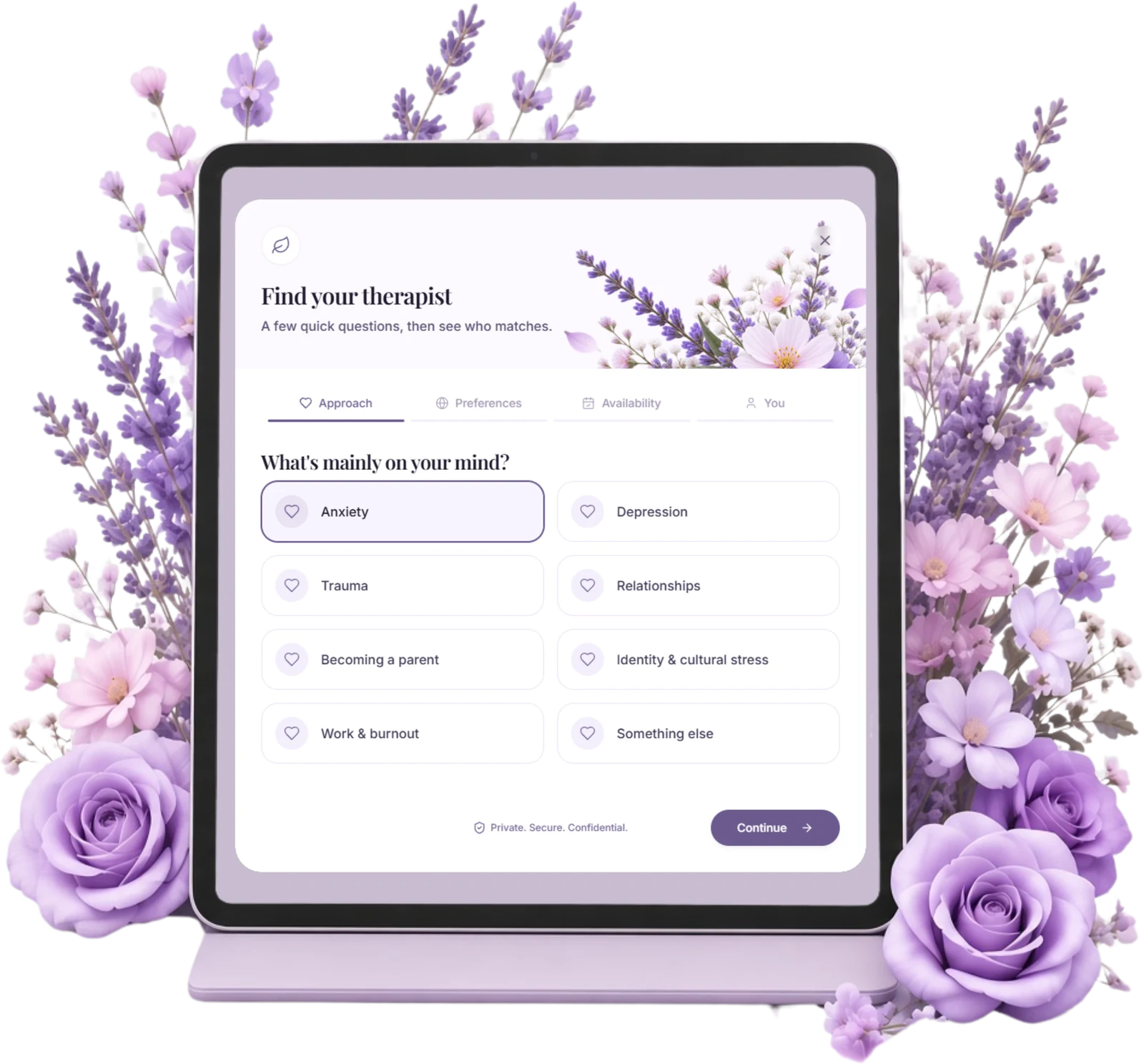 Tablet displaying the Lumina Care Therapy platform surrounded by lavender and roses